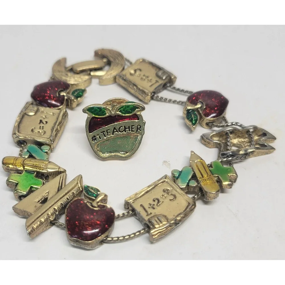 Vtg Teacher Themed Apple Math School Supplies Charm Bracelet & Pin Set Gold Tone